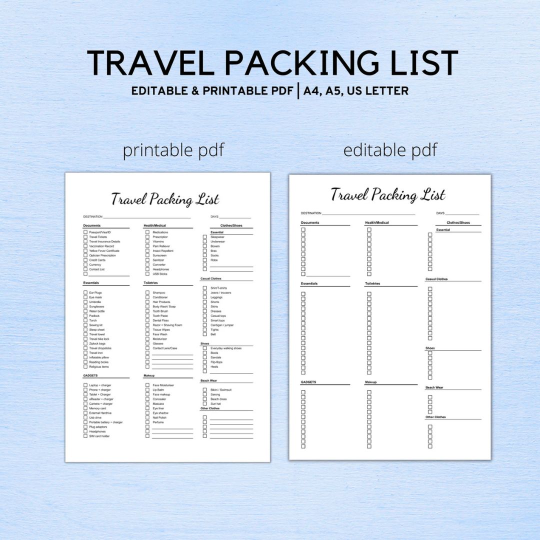 Travel Packing List PDF File